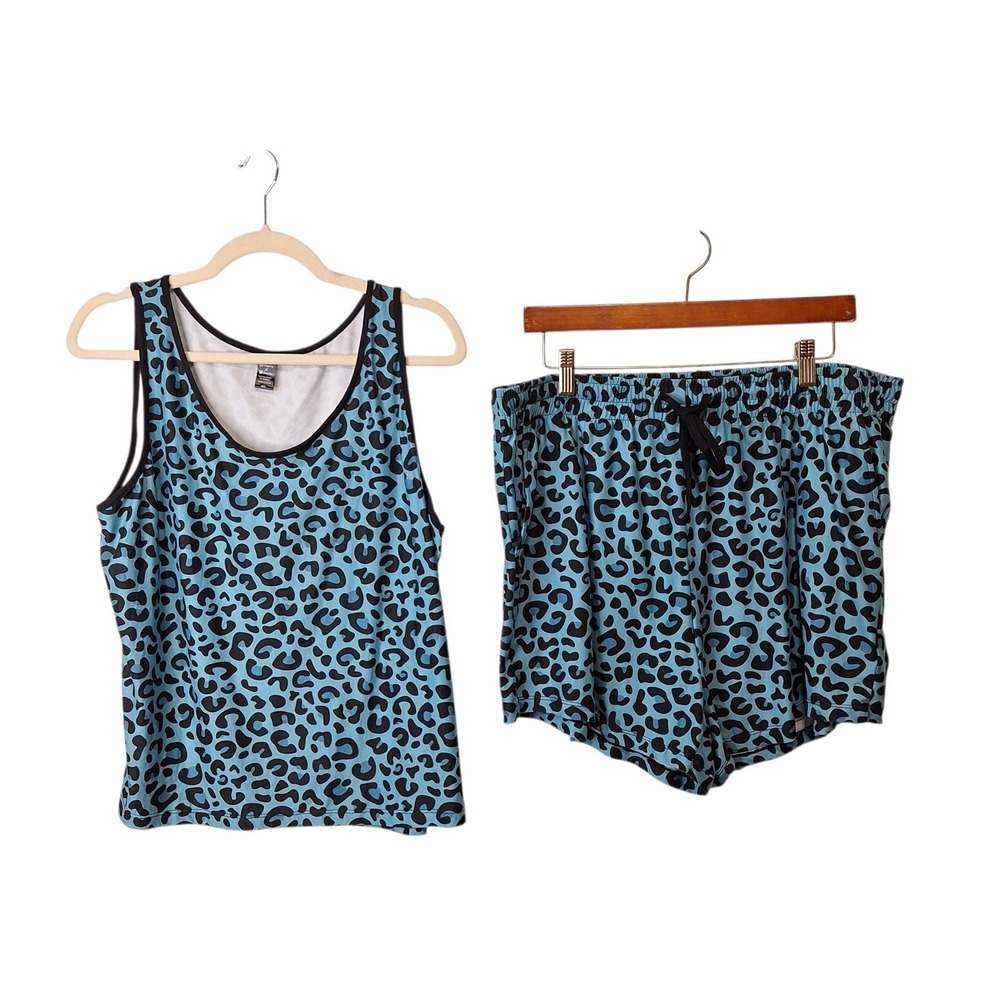 POP Fit Cheek Boss Blue and Black 2 Piece Tank Short Sleep Set Women's Size 4XL